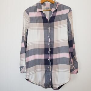 Aerie Cotton Viscose Long Buttondown Flannel Ruffle Button Cream & Pink Small